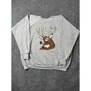 Mens Sweatshirt Deer Graphic Gray Wildlife Crewneck USA 1987, Size 2XL
